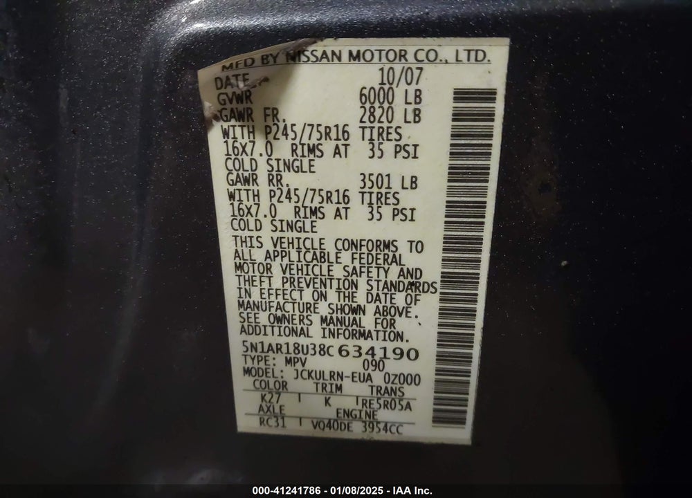 2008 NISSAN PATHFINDER S VIN: 5N1AR18U38C634190