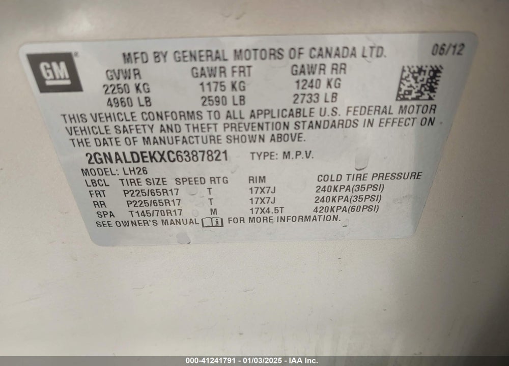 2012 CHEVROLET EQUINOX 1LT VIN: 2GNALDEKXC6387821