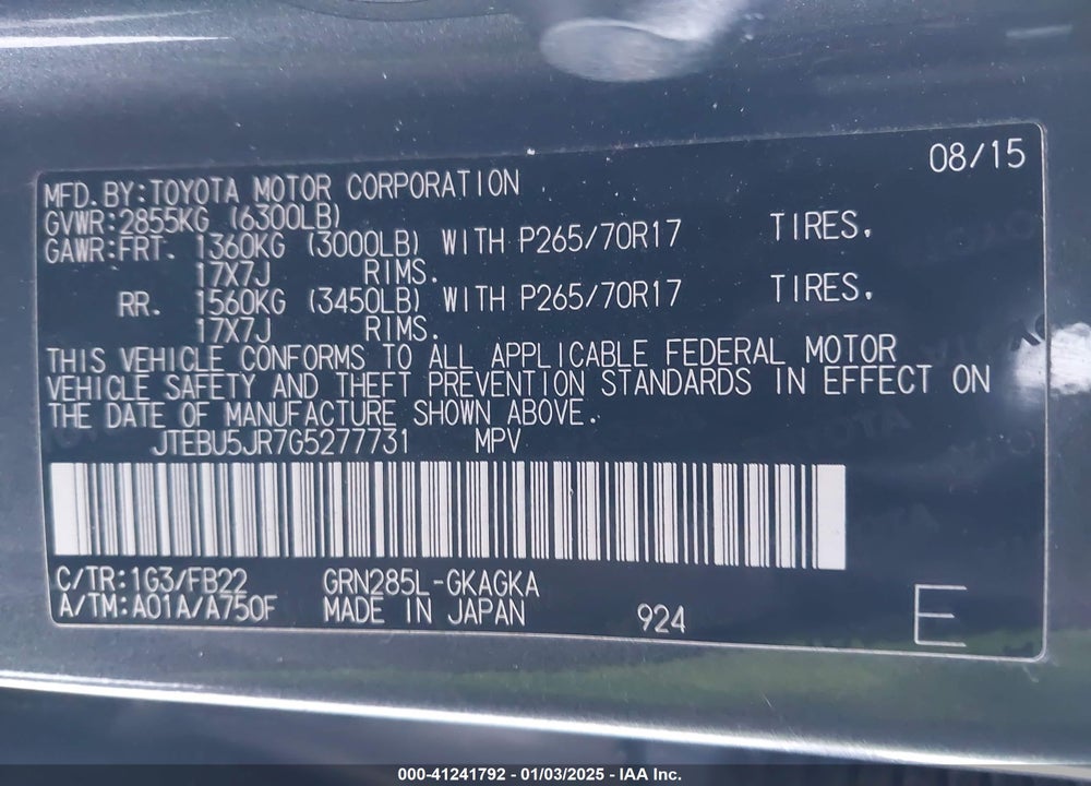 2016 TOYOTA 4RUNNER SR5 VIN: JTEBU5JR7G5277731