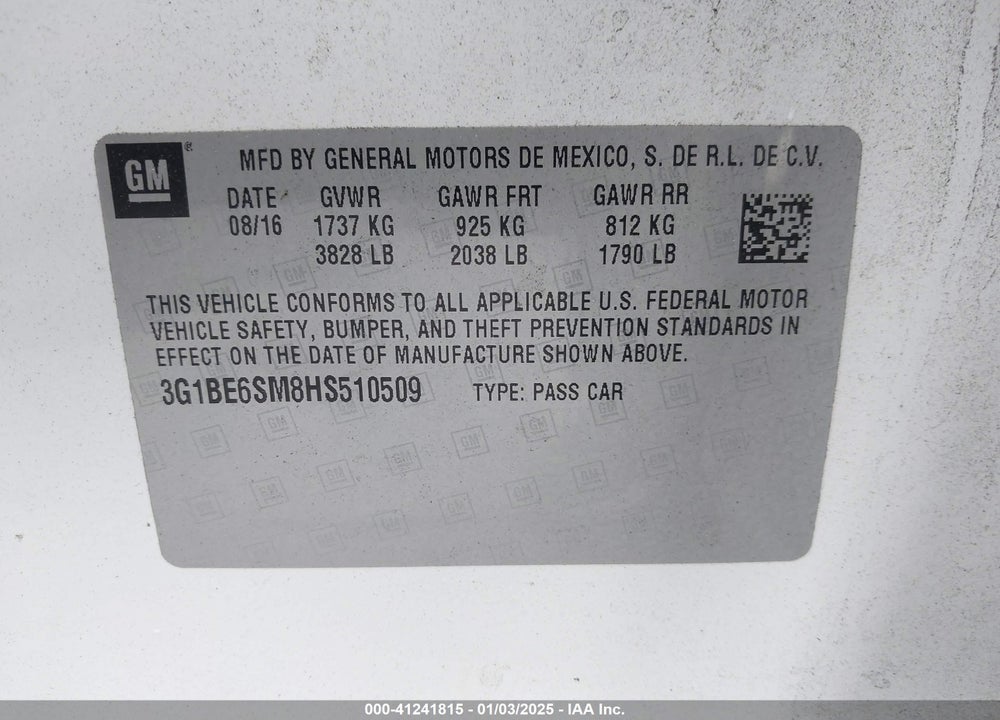 2017 CHEVROLET CRUZE VIN: 3G1BE6SM8HS510509