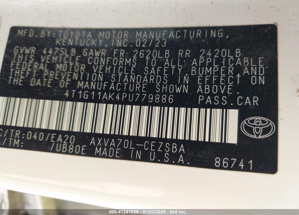 2023 TOYOTA CAMRY SE VIN: 4T1G11AK4PU779886