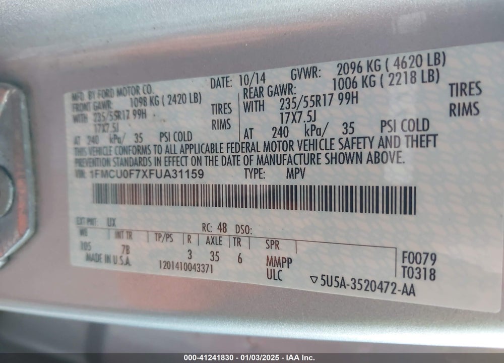 2015 FORD ESCAPE S VIN: 1FMCU0F7XFUA31159