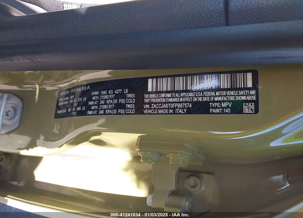 2015 JEEP RENEGADE LATITUDE VIN: ZACCJABT0FPB67574