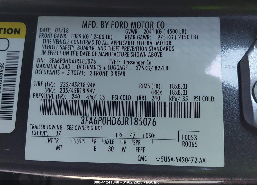 2018 FORD FUSION SE VIN: 3FA6P0HD6JR185076