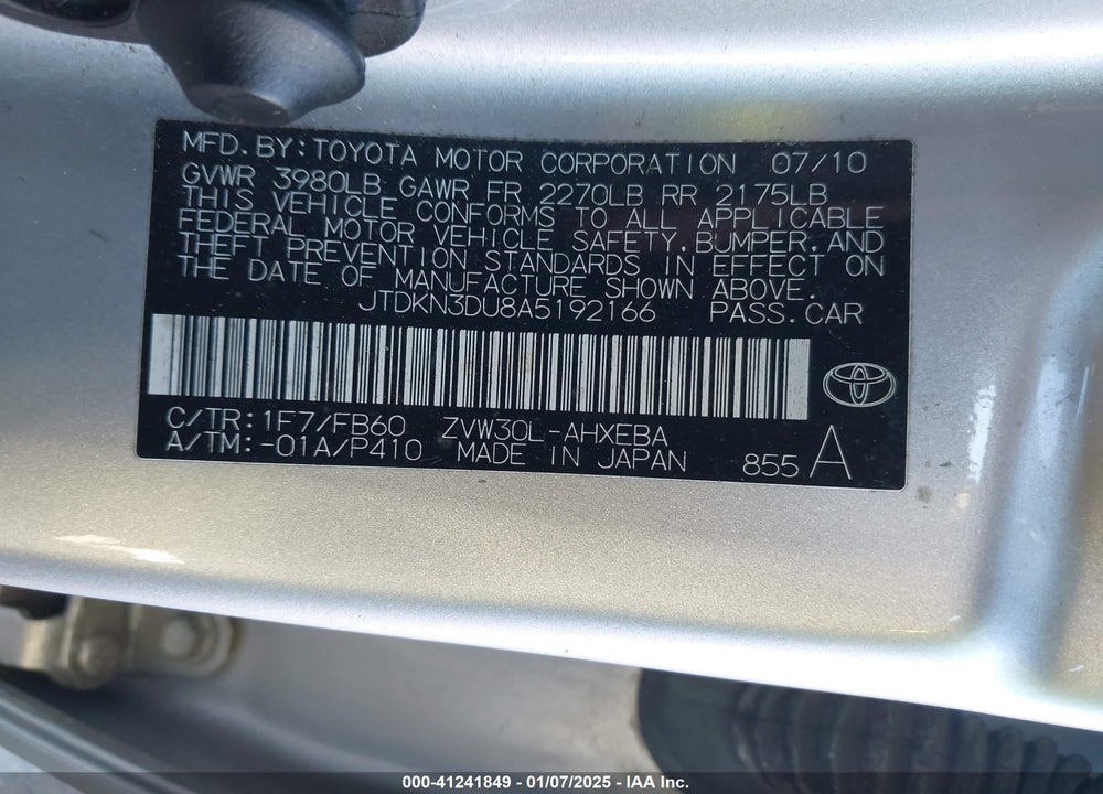 2010 TOYOTA PRIUS VIN: JTDKN3DU8A5192166