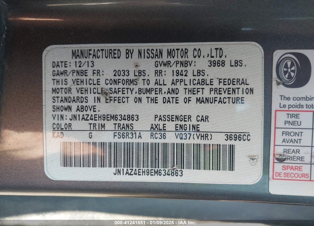 2014 NISSAN 370Z VIN: JN1AZ4EH9EM634863