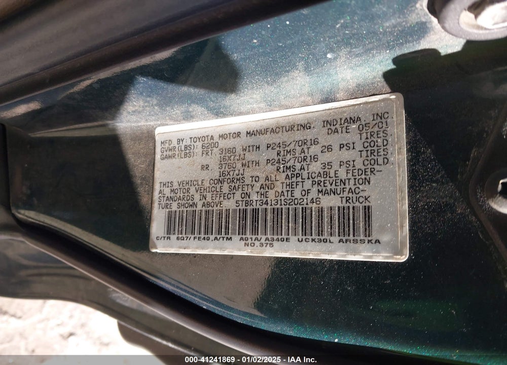 2001 TOYOTA TUNDRA ACCESS CAB/ACCESS CAB SR5 VIN: 5TBRT34131S202146
