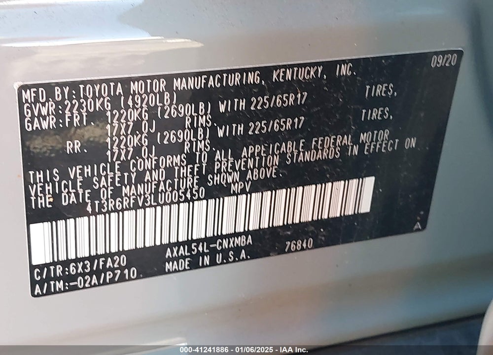 2020 TOYOTA RAV4 HYBRID XLE VIN: 4T3R6RFV3LU005450