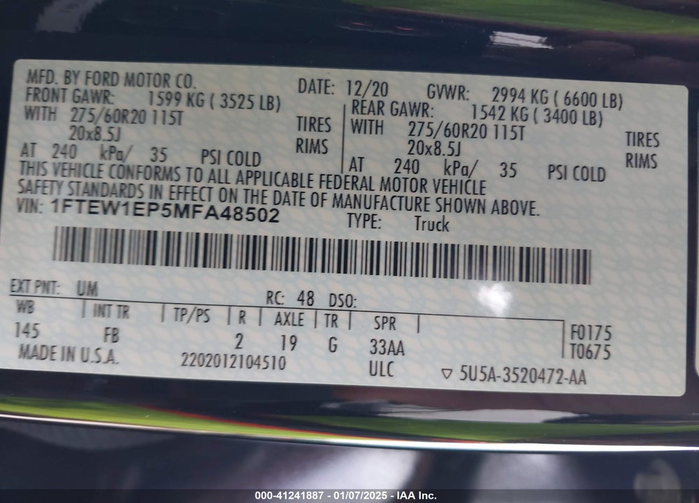 2021 FORD F150 VIN: 1FTEW1EP5MFA48502