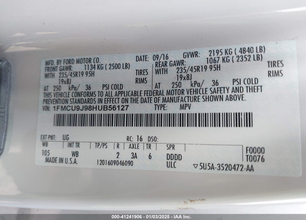 2017 FORD ESCAPE TITANIUM VIN: 1FMCU9J98HUB56127
