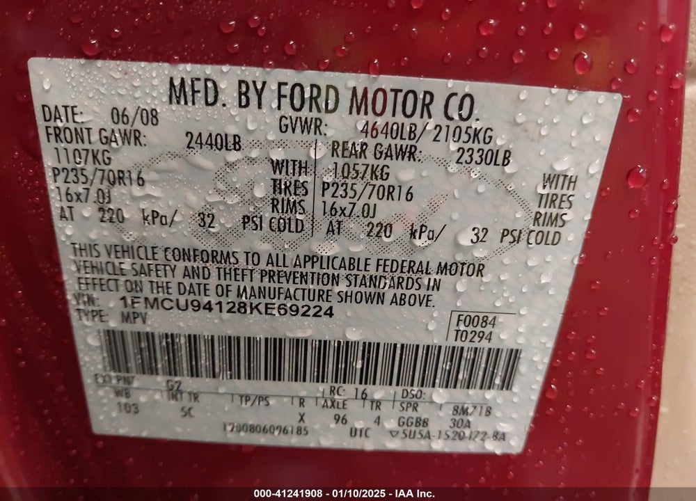 2008 FORD ESCAPE LIMITED VIN: 1FMCU94128KE69224