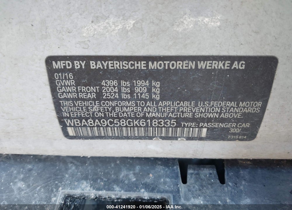 2016 BMW 320 VIN: WBA8A9C58GK618335