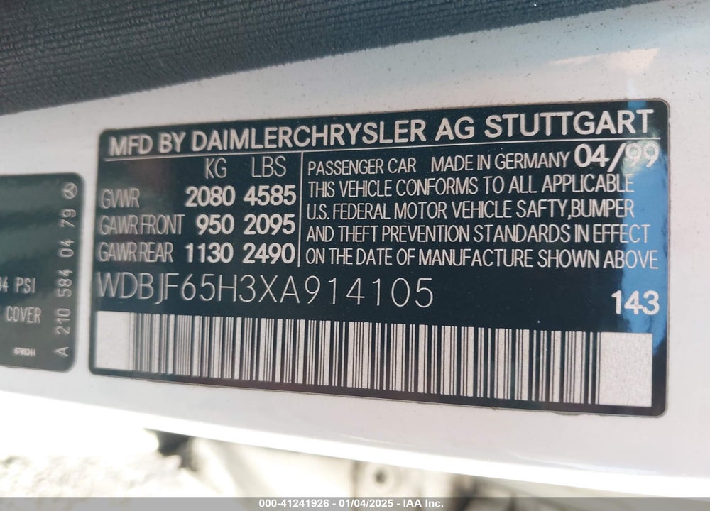1999 MERCEDES-BENZ E 320 VIN: WDBJF65H3XA914105