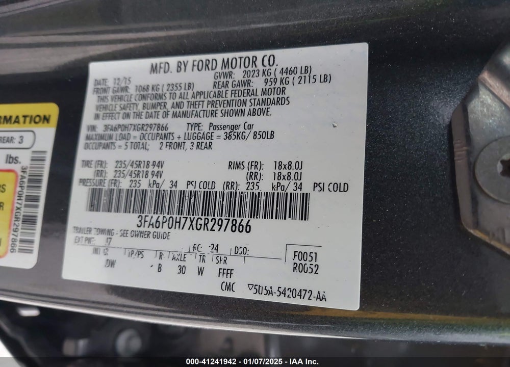 2016 FORD FUSION VIN: 3FA6P0H7XGR297866