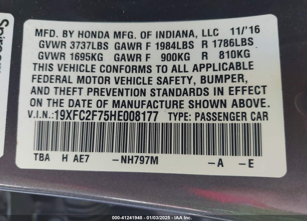 2017 HONDA CIVIC VIN: 19XFC2F75HE008177
