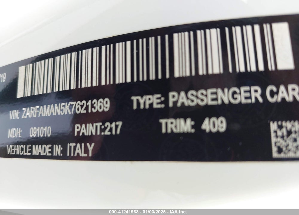 2019 ALFA ROMEO GIULIA RWD VIN: ZARFAMAN5K7621369