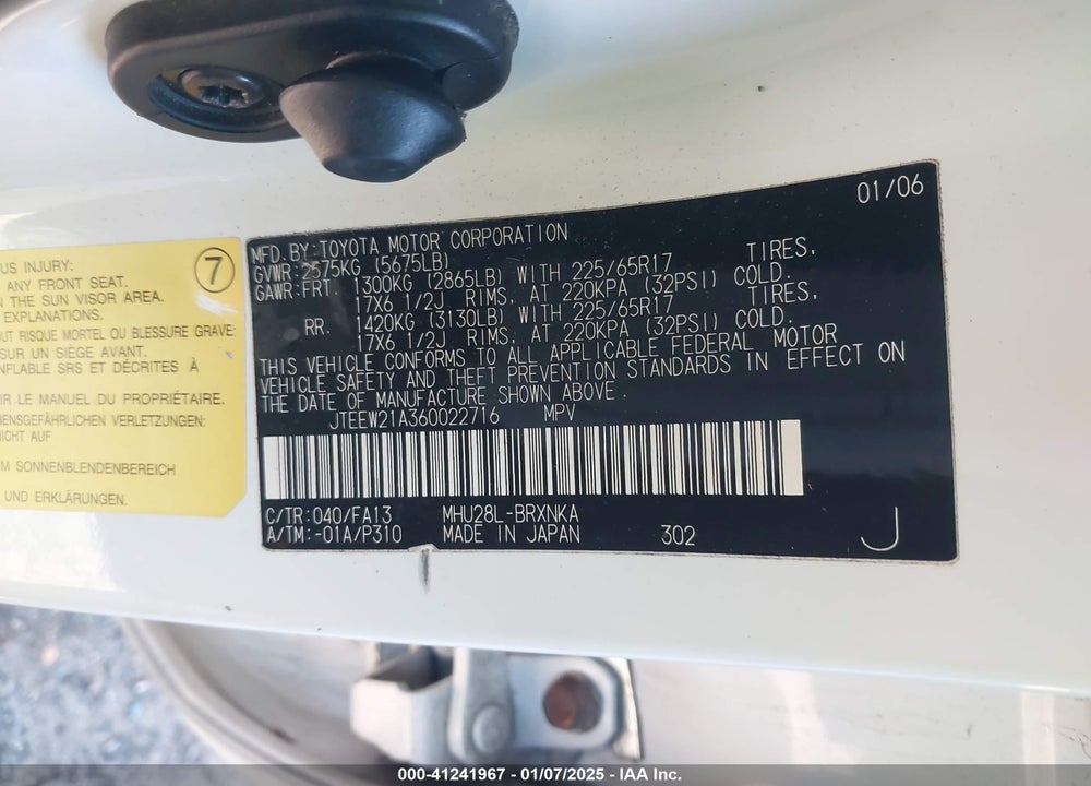 2006 TOYOTA HIGHLANDER HYBRID V6 VIN: JTEEW21A360022716