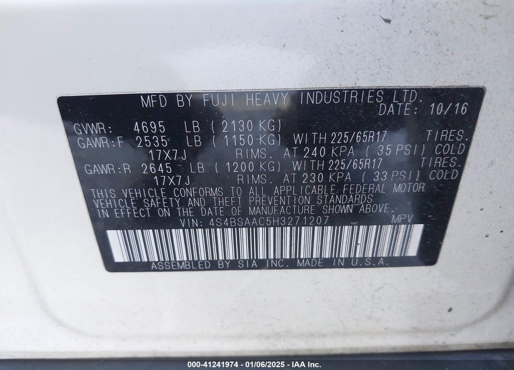2017 SUBARU OUTBACK 2.5I VIN: 4S4BSAAC5H3271207