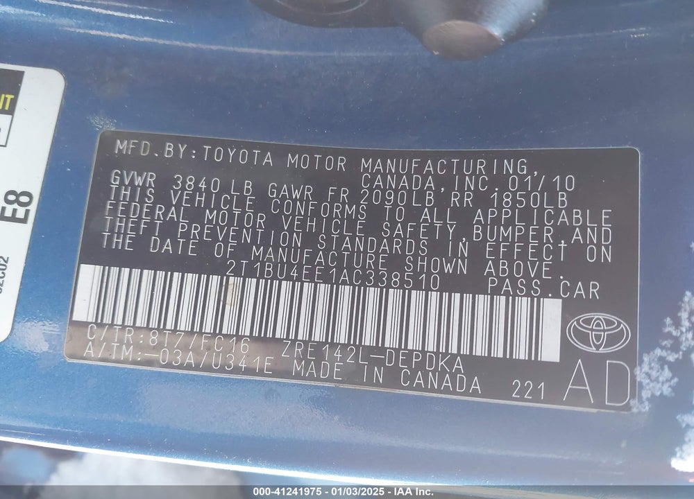 2010 TOYOTA COROLLA VIN: 2T1BU4EE1AC338510