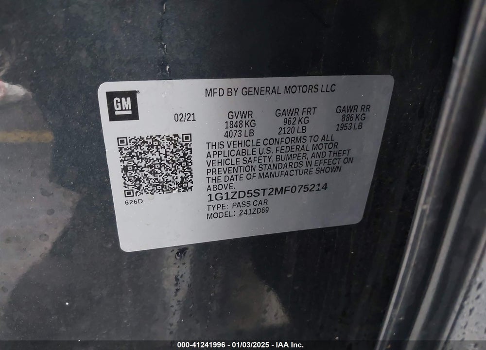 2021 CHEVROLET MALIBU VIN: 1G1ZD5ST2MF075214