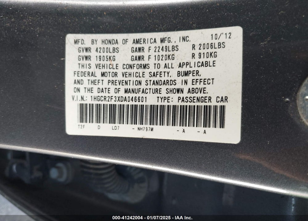 2013 HONDA ACCORD LX VIN: 1HGCR2F3XDA046601