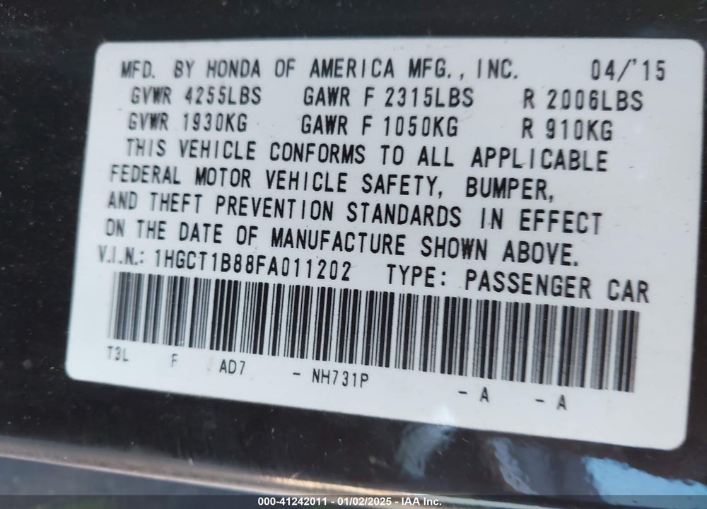 2015 HONDA ACCORD EX-L VIN: 1HGCT1B88FA011202