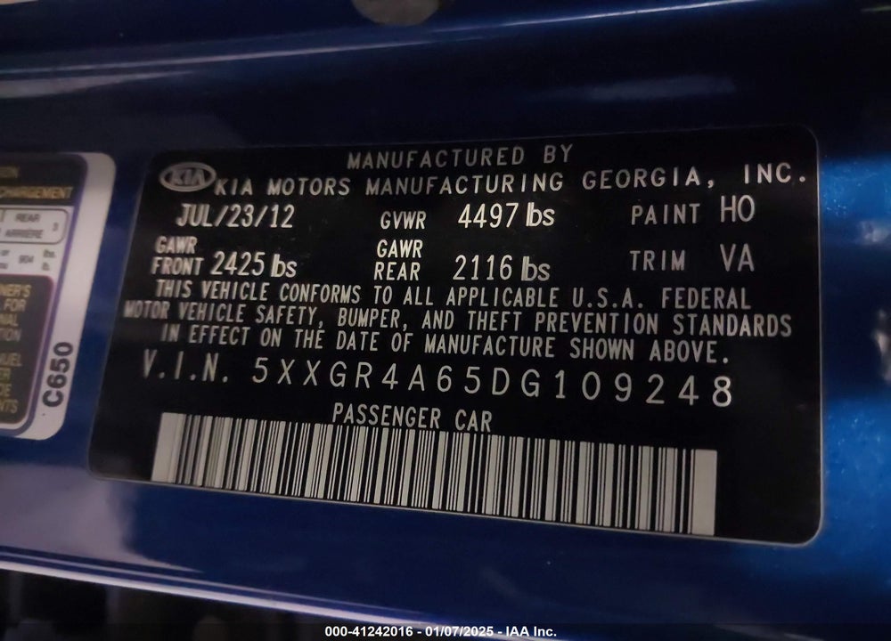 2013 KIA OPTIMA SX VIN: 5XXGR4A65DG109248