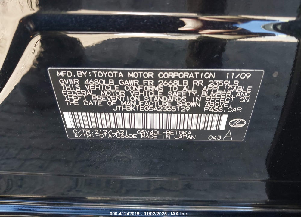 2010 LEXUS ES 350 BASE (A6) VIN: JTHBK1EG5A2365129