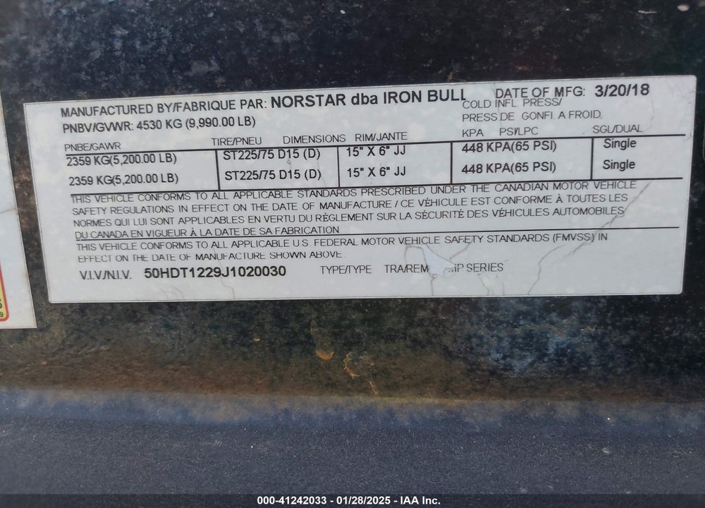 2018 NORSTAR TRAILERS UNKNOWN VIN: 50HDT1229J1020030