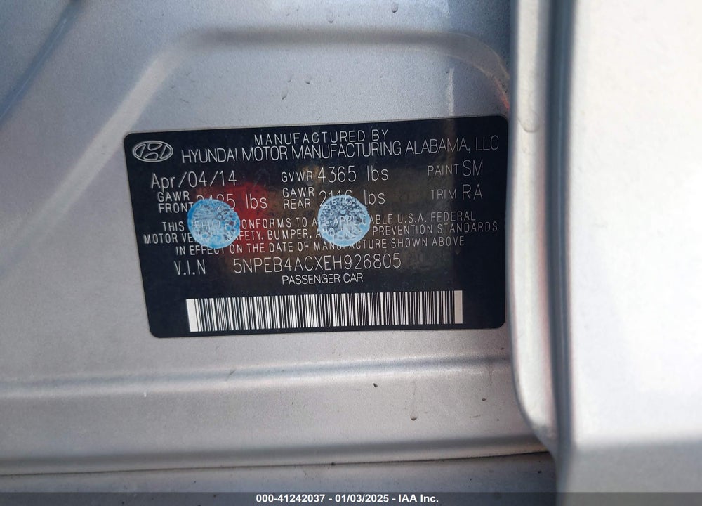 2014 HYUNDAI SONATA VIN: 5NPEB4ACXEH926805