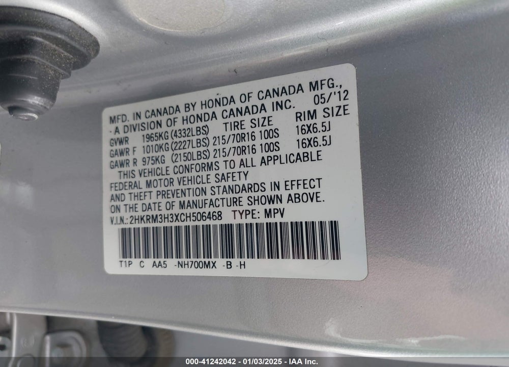 2012 HONDA CR-V LX VIN: 2HKRM3H3XCH506468