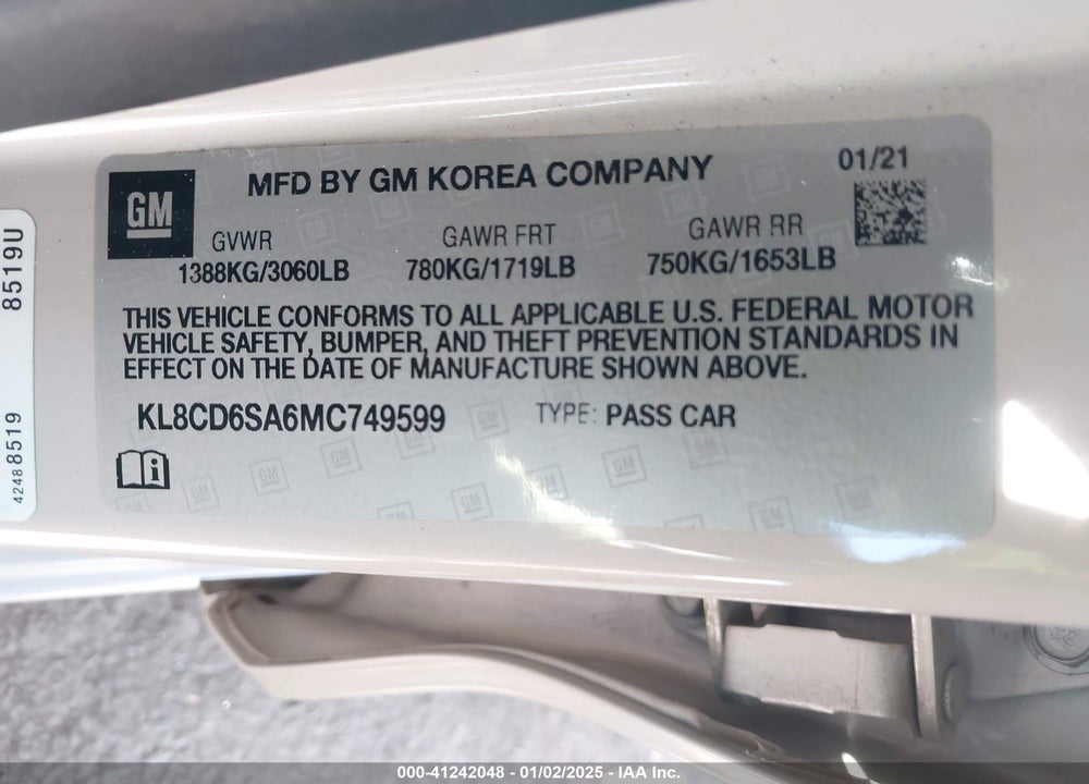 2021 CHEVROLET SPARK FWD 1LT AUTOMATIC VIN: KL8CD6SA6MC749599