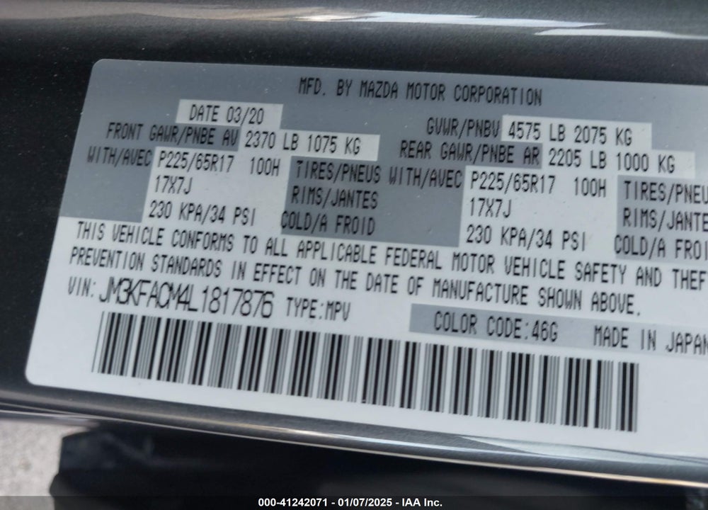 2020 MAZDA CX-5 TOURING VIN: JM3KFACM4L1817876