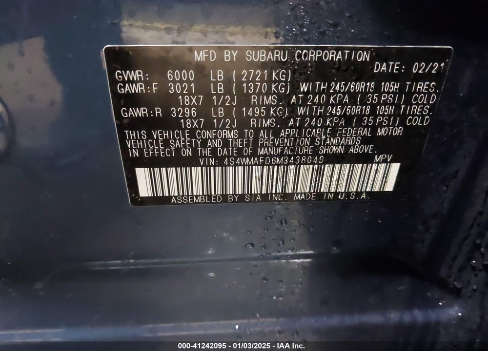 2021 SUBARU ASCENT PREMIUM VIN: 4S4WMAFD6M3438049