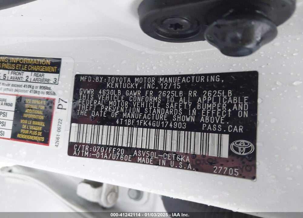 2016 TOYOTA CAMRY SE VIN: 4T1BF1FK4GU174903