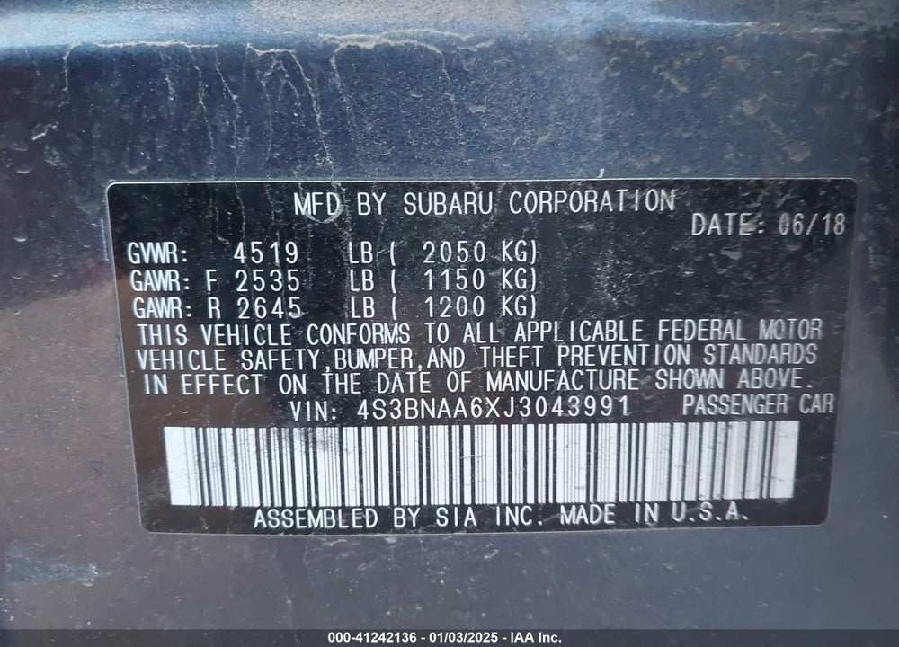2018 SUBARU LEGACY VIN: 4S3BNAA6XJ3043991