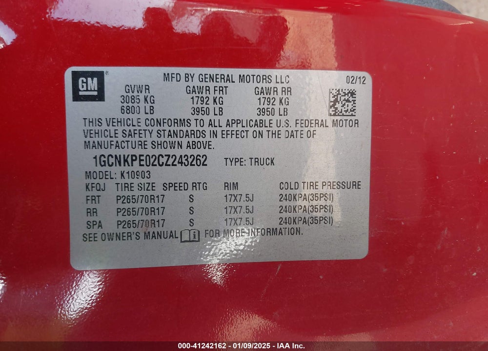 2012 CHEVROLET SILVERADO VIN: 1GCNKPE02CZ243262