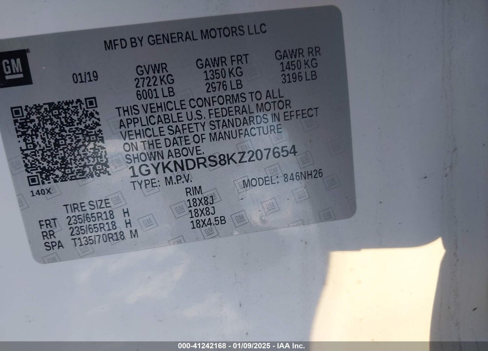 2019 CADILLAC XT5 VIN: 1GYKNDRS8KZ207654
