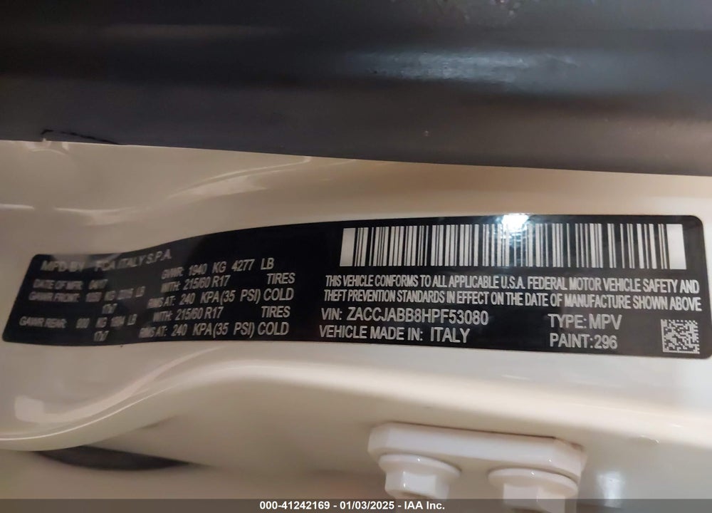 2017 JEEP RENEGADE LATITUDE FWD VIN: ZACCJABB8HPF53080