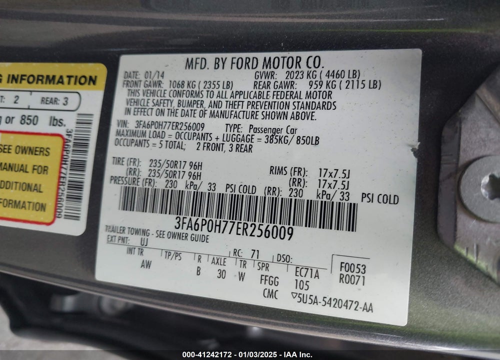 2014 FORD FUSION SE VIN: 3FA6P0H77ER256009