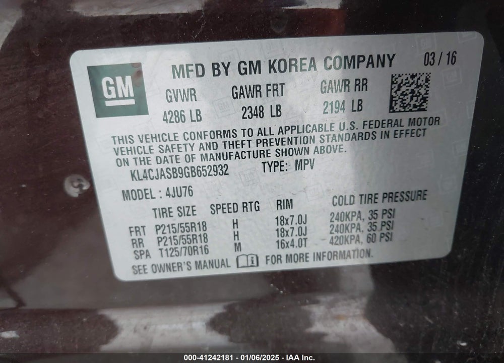 2016 BUICK ENCORE VIN: KL4CJASB9GB652932