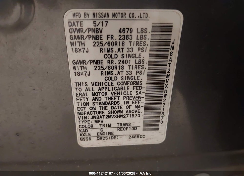 2017 NISSAN ROGUE SL VIN: JN8AT2MVXHW271870