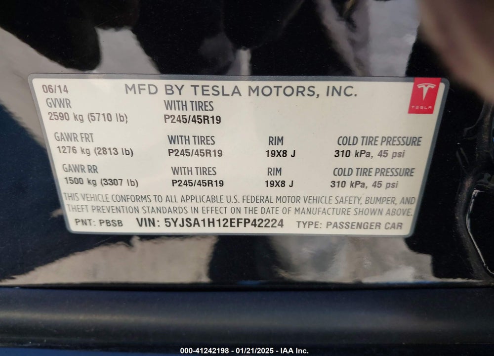 2014 TESLA MODEL S P85 VIN: 5YJSA1H12EFP42224