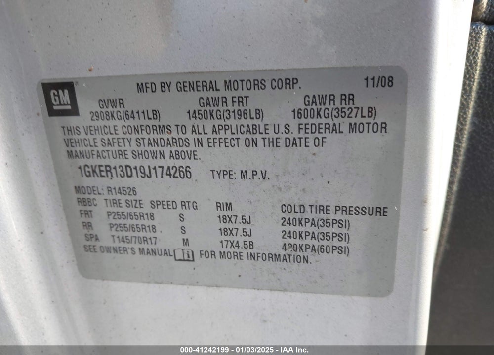 2009 GMC ACADIA SLE-1 VIN: 1GKER13D19J174266
