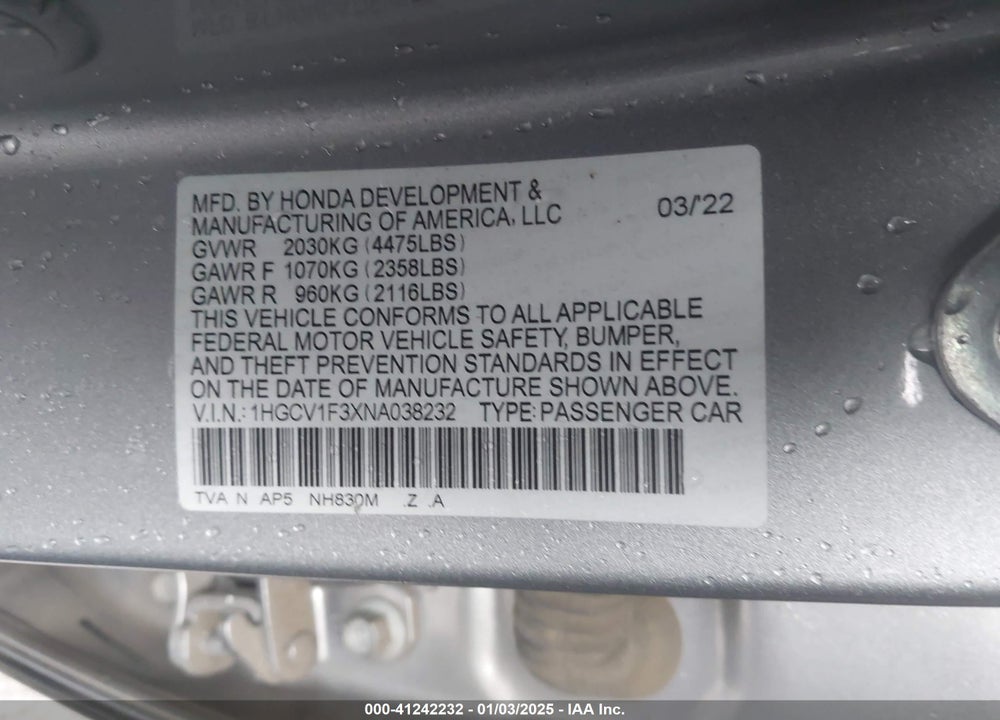 2022 HONDA ACCORD SPORT VIN: 1HGCV1F3XNA038232