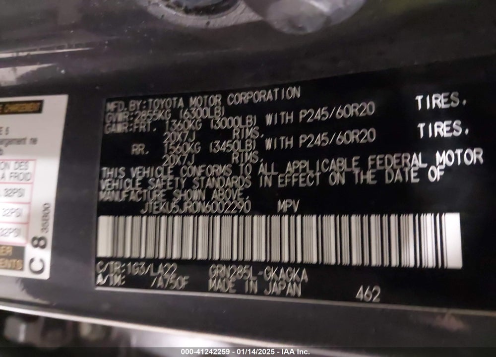 2022 TOYOTA 4RUNNER LIMITED VIN: JTEKU5JR0N6002290