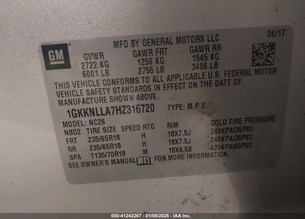2017 GMC ACADIA SLE-2 VIN: 1GKKNLLA7HZ316720
