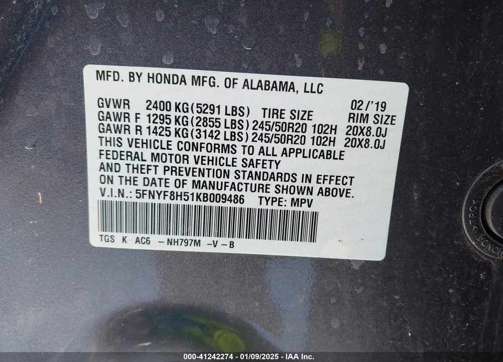 2019 HONDA PASSPORT EX-L VIN: 5FNYF8H51KB009486