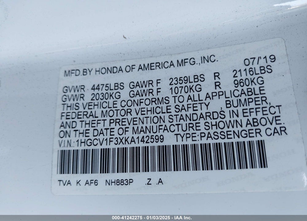 2019 HONDA ACCORD VIN: 1HGCV1F3XKA142599