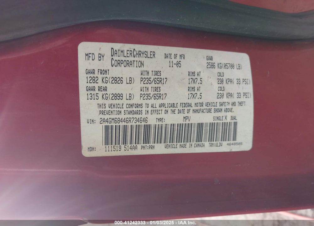 2006 CHRYSLER PACIFICA TOURING VIN: 2A4GM68446R734646